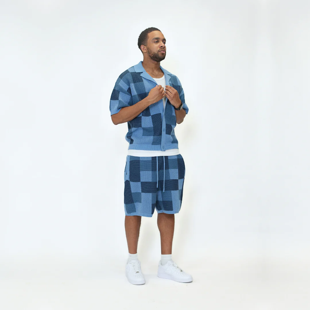 the crochet-knit checkered shirt - blue - Image 3