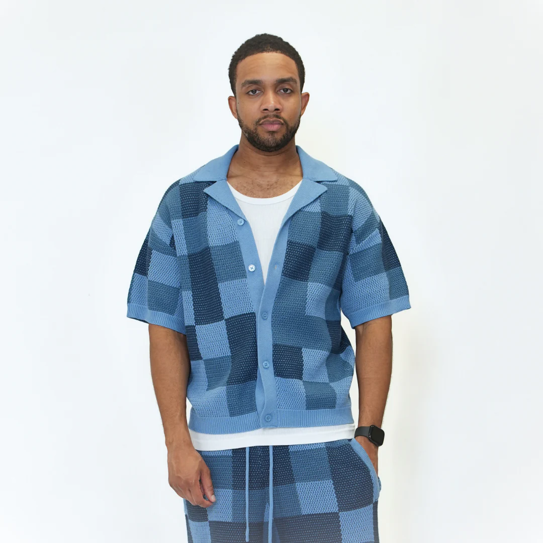 the crochet-knit checkered shirt - blue - Image 4