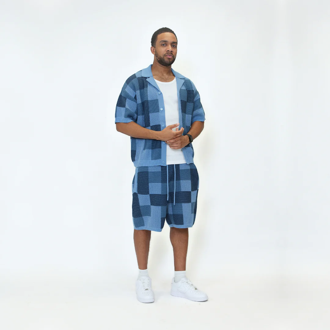 the crochet-knit checkered shirt - blue - Image 5