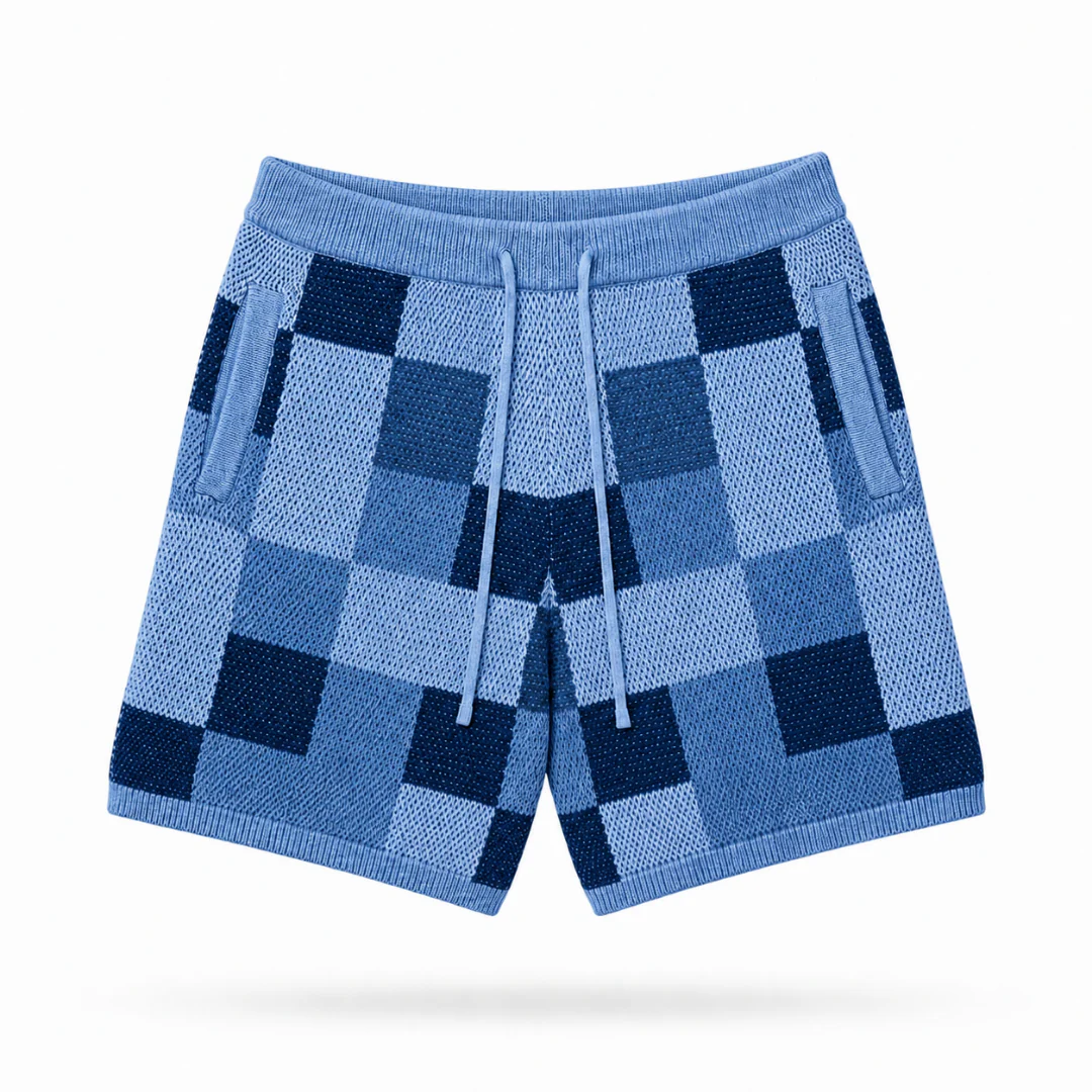 the crochet-knit checkered shorts - blue - Image 2