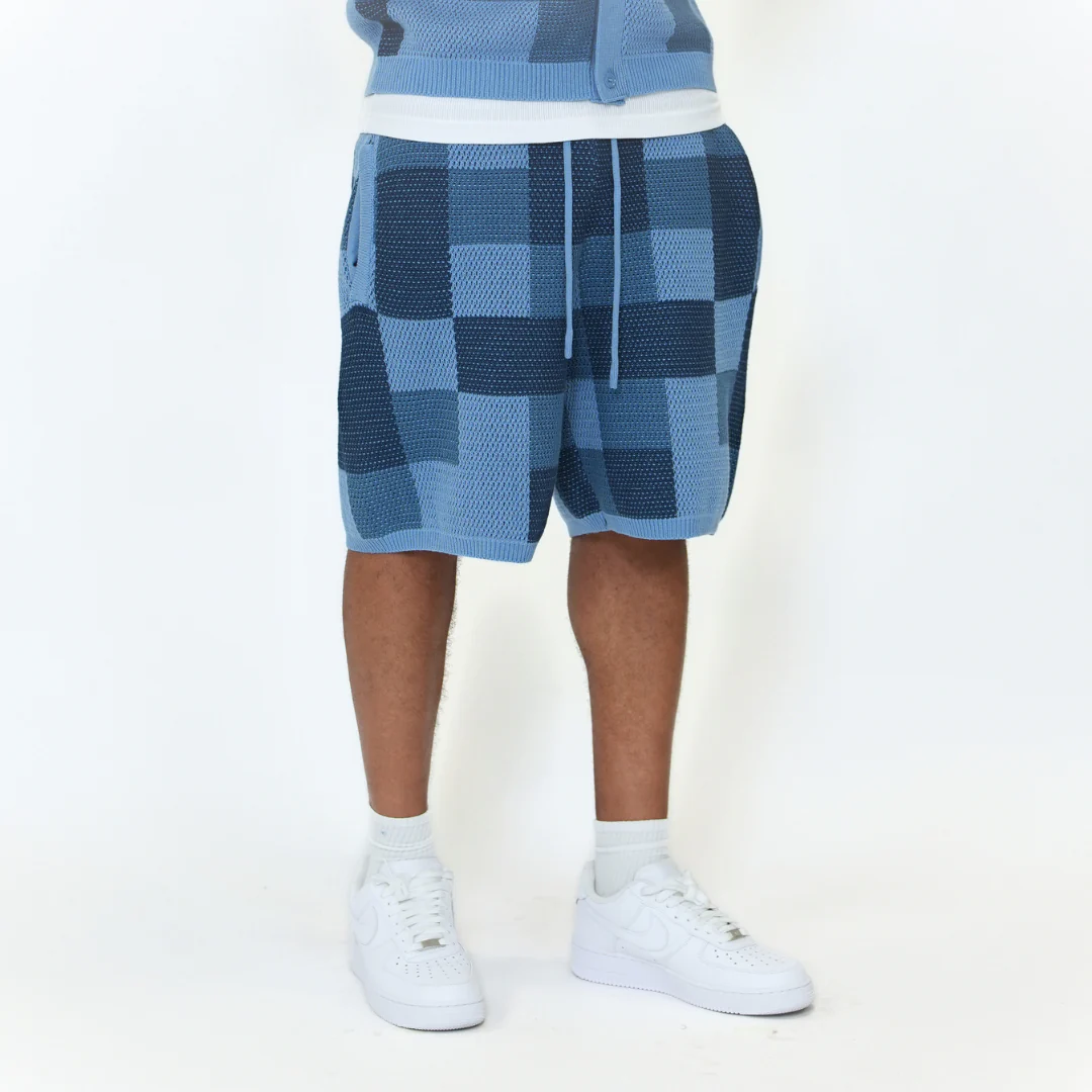 the crochet-knit checkered shorts - blue - Image 4