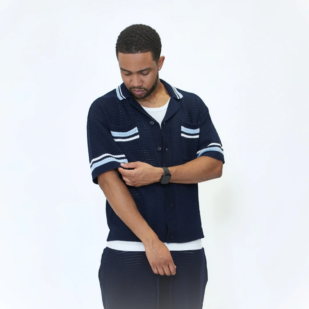 the crochet-knit striped shirt - navy - Image 4
