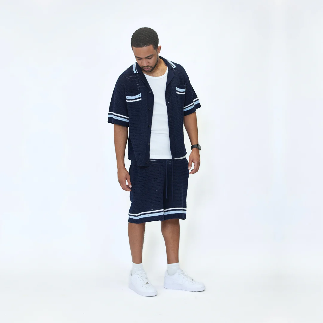 the crochet-knit striped shorts - navy - Image 4