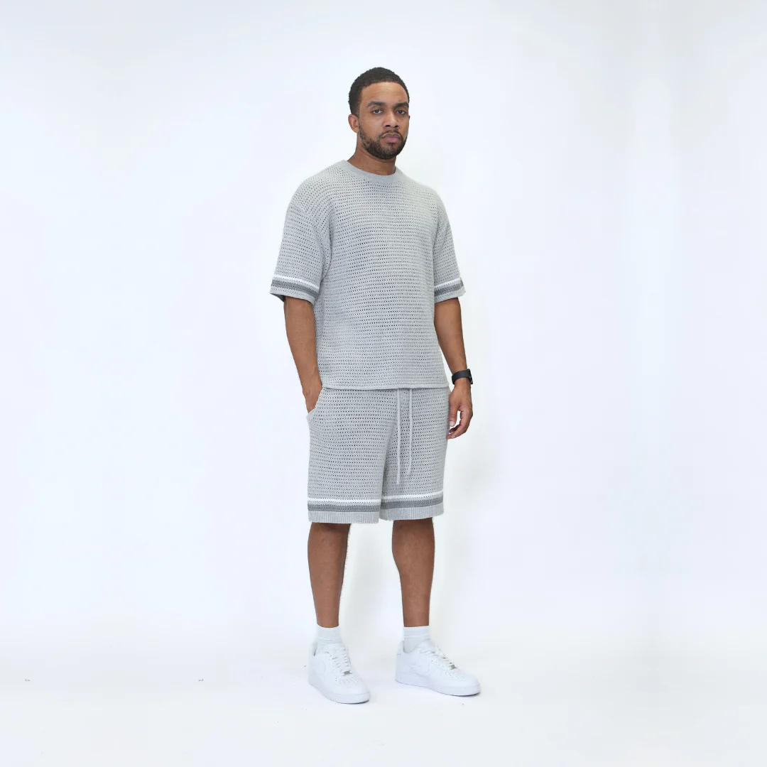 the crochet-knit striped tee - grey - Image 3