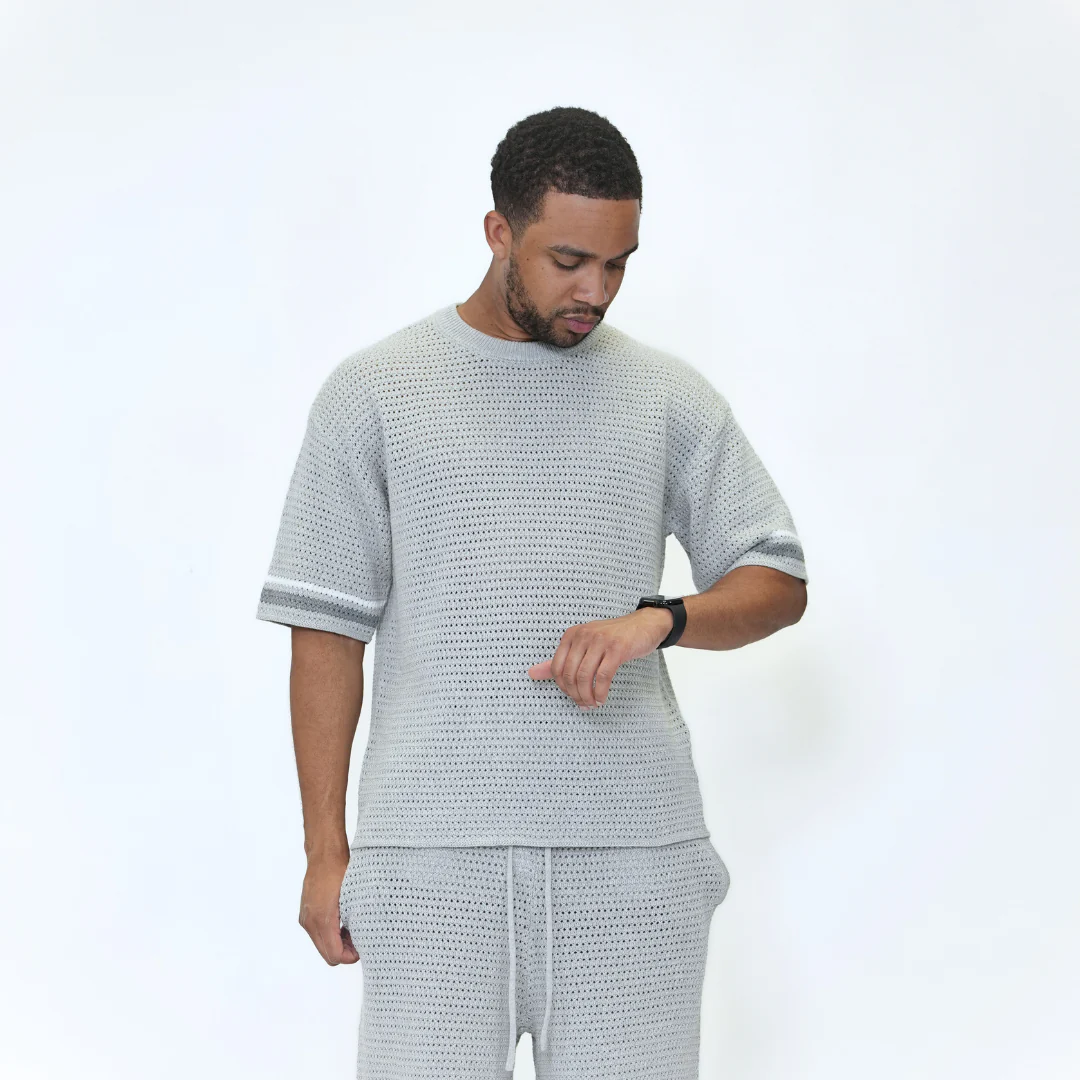 the crochet-knit striped tee - grey - Image 4