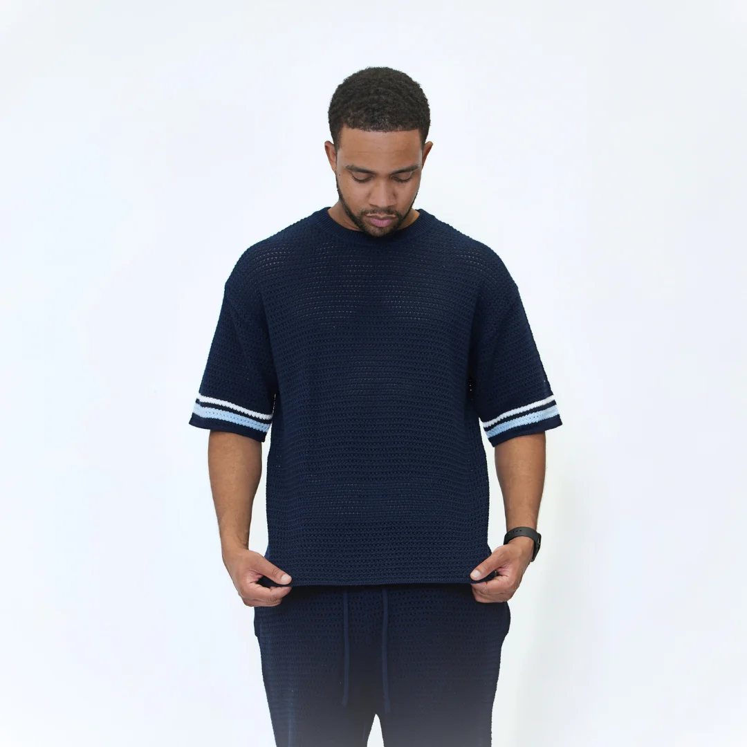 the crochet-knit striped tee - navy - Image 3